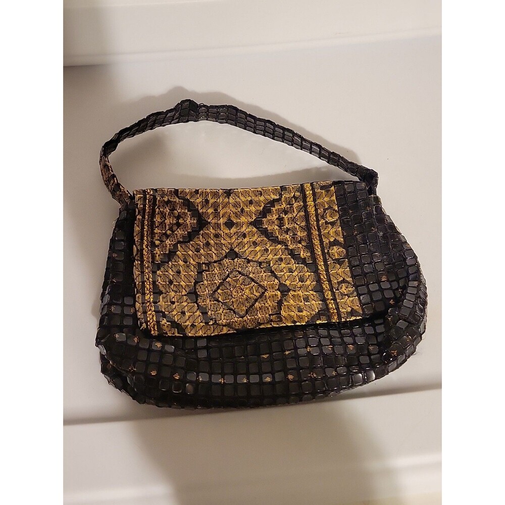 Amy Chan NY Womens Single Handle Flap PVC Square Mini Handbag Purse Black Gold